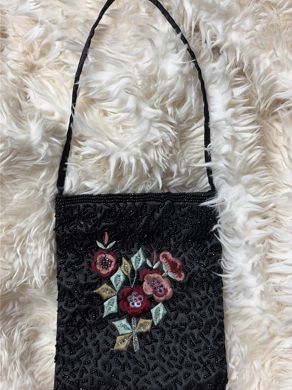 Black Beaded Elegant Evening Bag Floral Embroidery Satiny Wristlet Glam Vintage